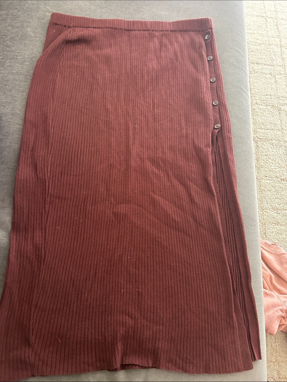 Ribbed Side-Button Midi Skirt in Deep Brick